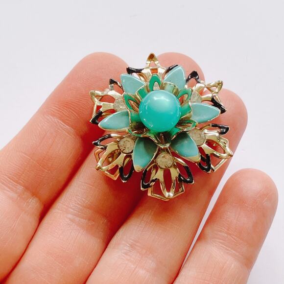 VTG Mid Century Brooch Moonglow Cab Floral Blue Enamel Rhinestones Gold Tone Pin - Picture 2 of 9